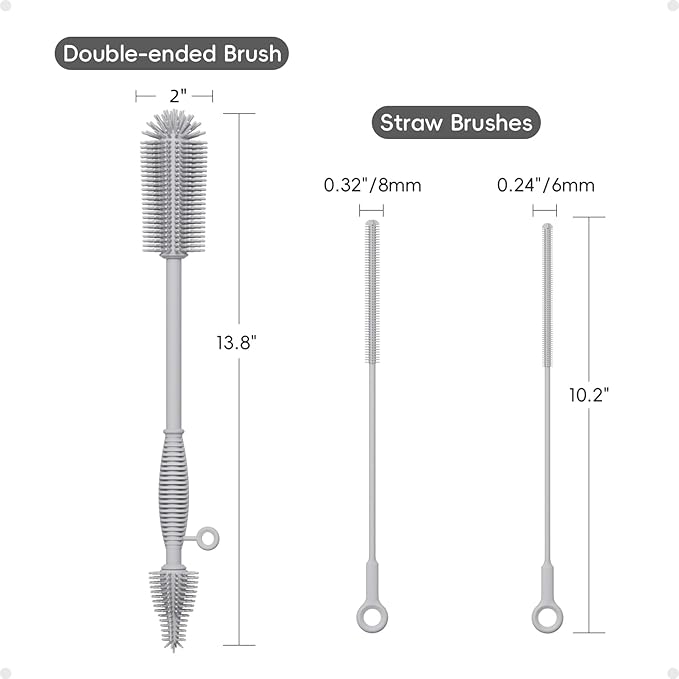 Baby Bottle Brush and Straw Cleaner Brush Set, Extra Long Double-Ended Soft Silicone Brush Cleaner for Baby Bottles, Water Bottles, Cups, Breast Pumps, Detachable & Hangable