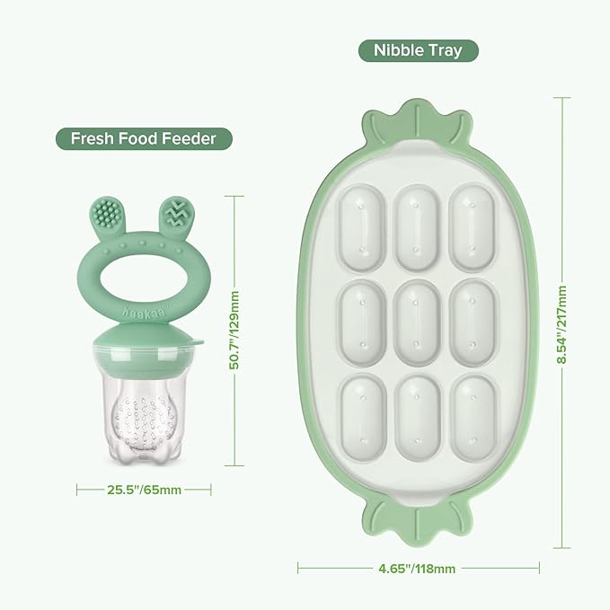 Haakaa Baby Fruit Food Feeder & Silicone Freezer Nibble Tray Combo - Breastmilk Popsicle Mold for Baby Cooling Relief, BPA Free Baby Mesh Food Feeder for Infant Self Feeding - Pea Green