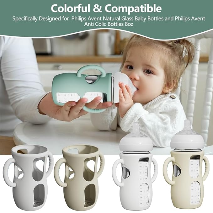 2 Pack Silicone Sleeves for Avent Natural Glass Bottles, Anti Breakage Baby Bottle Protector with Easy-Grip Handle, Compatible Philips Avent Glass Natural Bottle 8 oz, Not for Infant Use