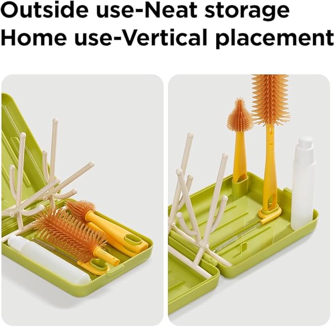 YOTIME Travel Bottle Brush, Travel Bottle Cleaner Kit with Foldable Bottle Drying Rack, for Visit Friends and Relations, Baby Travel Essentials, BPA Free, Green