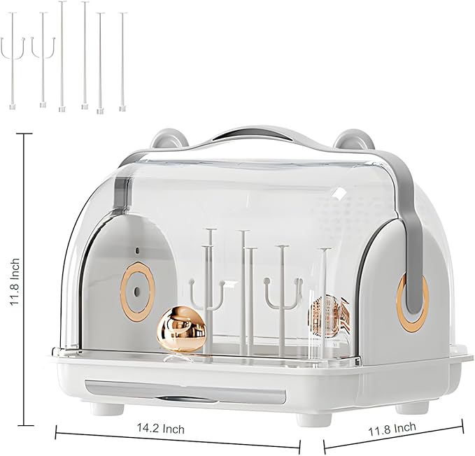 Baby Bottle Drying Rack Storage, Nursing Bottle Storage Box Organizer with Cover, Portable Kitchen Cabinet Organizer, Durable countertop Dryer (Grey)