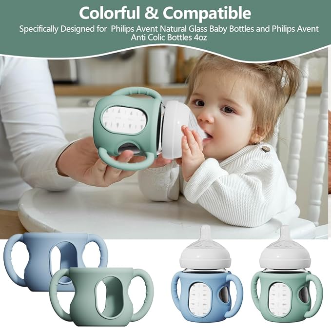 2 Pack Silicone Sleeves for Avent Natural Glass Baby Bottles, Anti Breakage Bottle Holder with Handle, Compatible Philips Avent Glass Natural Bottle 4 oz, Not for Infant Use
