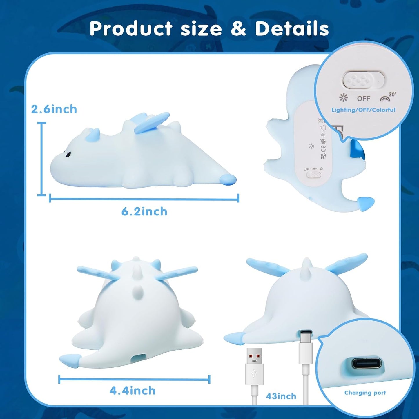 Cute Baby Dragon Kids Night Light for Kids,Cute Soft Silicone Lamp 3 Level Dimmable Changing Rechargeable Breastfeeding Nursery Portable Kawaii Lamps,Bedside Lamp for Baby and Toddler,Boy Girls(Blue)