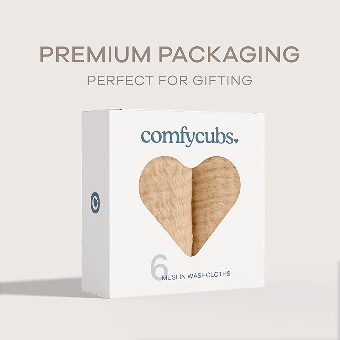 Comfy Cubs Muslin Baby Washcloths 6 Pack - Soft 6-Layer Cotton Wash Cloths for Sensitive Skin - 10"x10" Large, Gentle, Absorbent Infant Essentials for Newborn and Toddlers - Cream