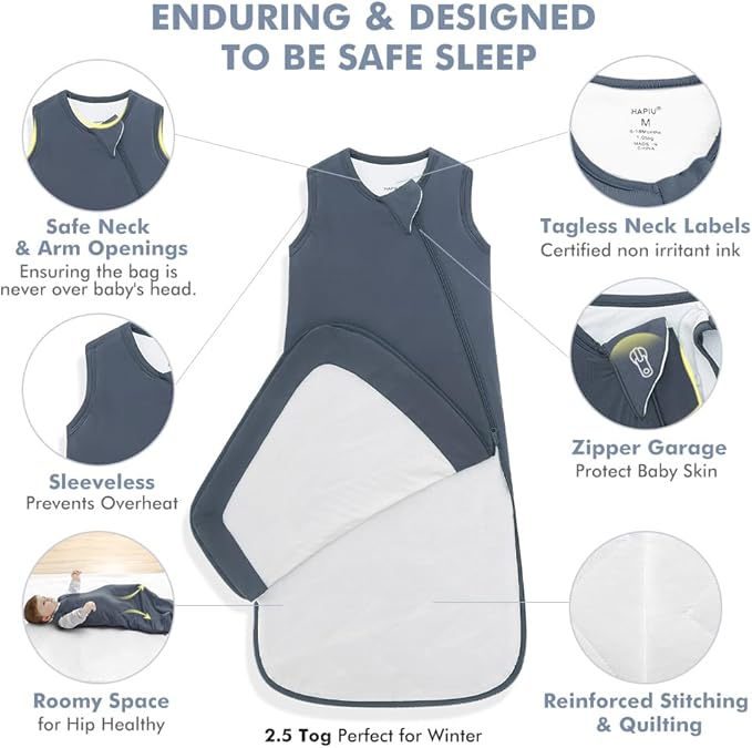HAPIU Rayon Made from Bamboo Winter Baby Sleep Sack 2.5 TOG, 2-Way Zipper YKK, Warm Quilted Wearable Blanket