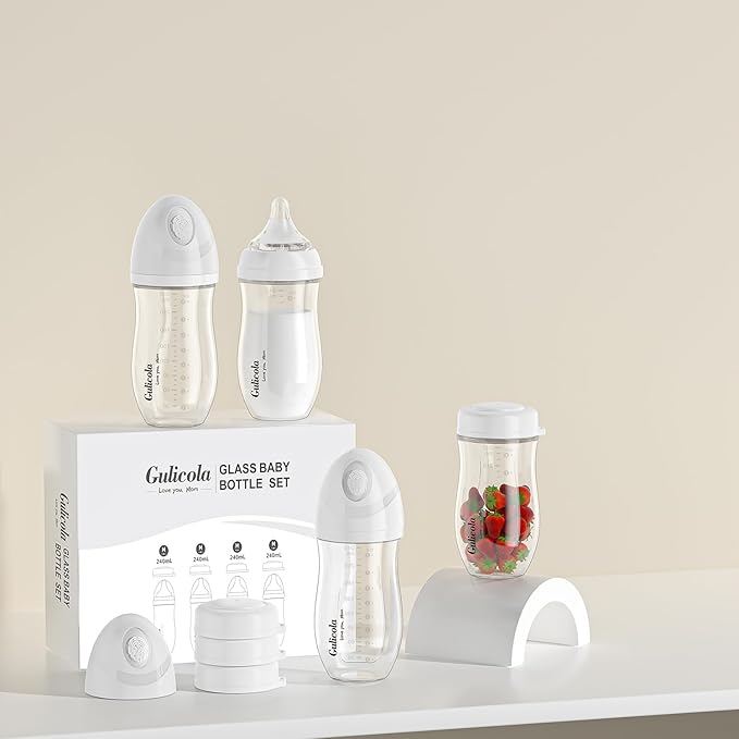 Gulicola Glass Baby Breastmilk Storage Bottles 8 oz, Wide Neck Breastmilk Collection Bottles, 4 Pack - White