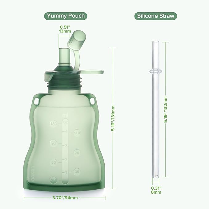 haakaa Yummy Pouch Reusable Baby Food Pouch, Reusable Pouches for Toddlers Kids Squeezable Pouch, Washable Freezer - Make Homemade Organic Food for Babies/Toddlers, 4oz, 2 Pack,6m+(Pea Green)