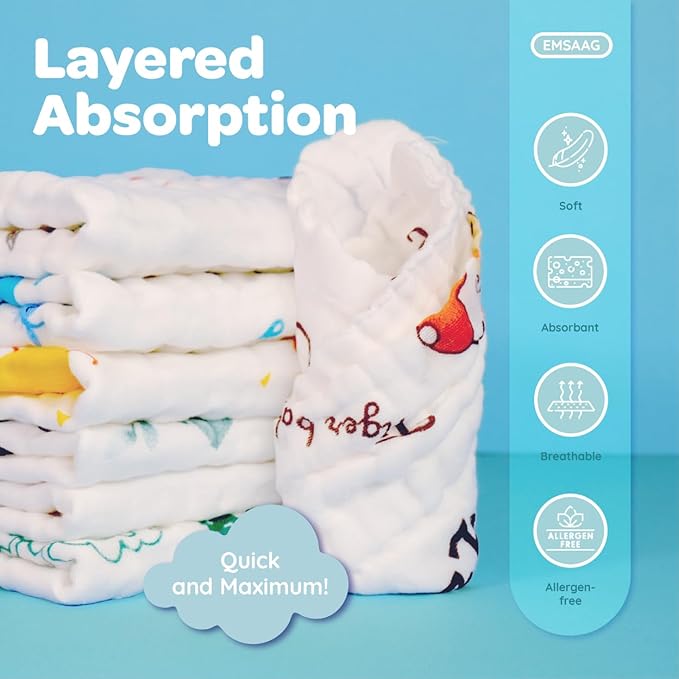 Muslin Baby Washcloths Baby Wipes Newborn Pack of 7-Animal Patten, Absorbent Baby Bath and Face Towels for Newborn,100% Cotton,Burp Cloths,Feeding Towels for Babies and Infants,Reusable-10x10