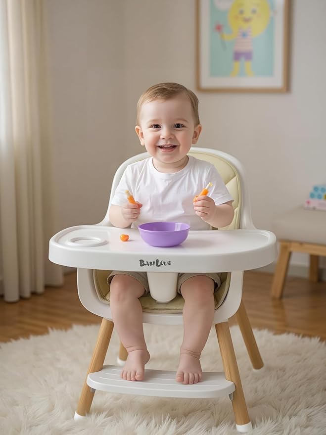 Baby High Chair, Wooden Highchair with Removable Tray, Adjustable Legs, Cushion, 5-Point Harness and Footrest for Infants, Baby, Toddlers, Cream