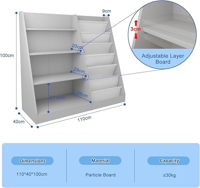 Gray Kids Bookshelf for Nursery Toddler Baby Sling Book Rack Adjustable Shelf Children Bookcase for Classroom Playroom Bedroom Décor Toy Magazine Book Storage Organizer 4 Tier Boy Girl’s Gift