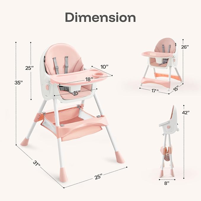 HARPPA 6-in-1 Convertible Baby High Chair for Toddlers, Foldable Highchair with Removable Tray for Eating & Playing, Adjustable 5-Point Safety Harness, Toddler High Chair with PU Cushion, Pink