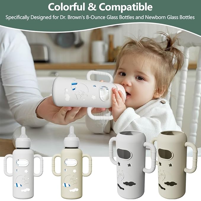 2 Pack Silicone Sleeves for Dr Brown's Glass Bottles, Drop Protection Bottle Sleeves with Handles, Anti Breakage Baby Bottle Holder Compatible with Dr. Brown's Newborn Glass Bottles,8 oz