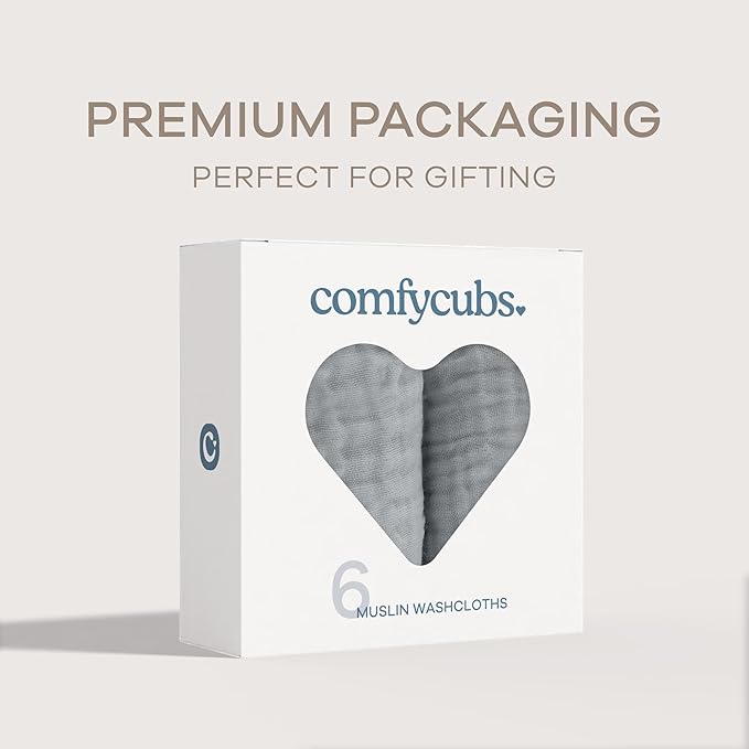 Comfy Cubs Muslin Baby Washcloths 6 Pack - Soft 6-Layer Cotton Wash Cloths for Sensitive Skin - 10"x10" Large, Gentle, Absorbent Infant Essentials for Newborn and Toddlers - Heather Blue