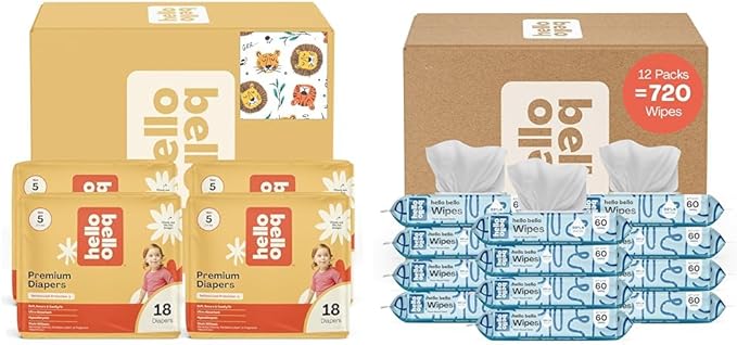 Hello Bello Diapers, Size 5 (27 lbs) Wild Cats, 72 Count Value Pack of Premium Disposable Baby Diapers, Hypoallergenic with Soft, Cloth-Like Feel + Extra Gentle Unscented Baby Wipes, 720 Count