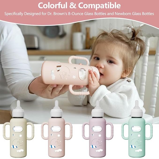 4 Pack Silicone Sleeves for Dr. Brown's Glass Bottles - Drop Protection Bottle Sleeves,Compatible with Dr. Brown's Newborn Glass Bottles,with Silicone Handles,8 oz