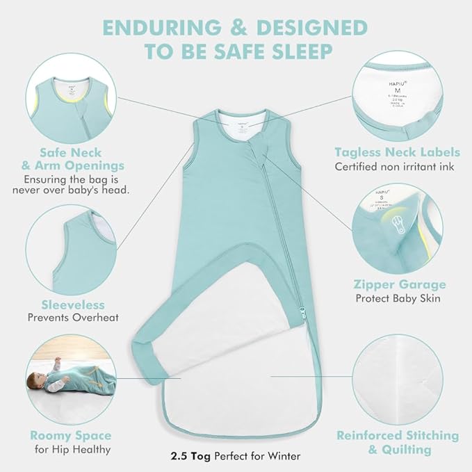 HAPIU Rayon Made from Bamboo Winter Baby Sleep Sack 2.5 TOG, 2-Way Zipper YKK, Warm Quilted Wearable Blanket