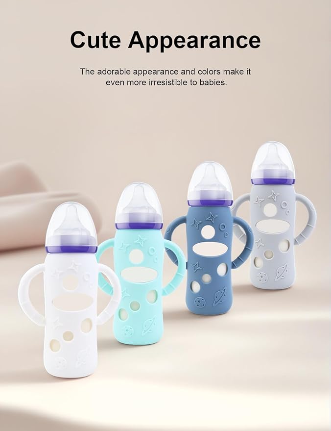 ZCH 4-Pack Silicone Sleeves for Lansinoh Glass Bottles, BPA-Free Drop-Resistant Baby Bottle Sleeves with Handles, Compatible with Lansinoh Anti-Colic Glass Baby Bottles (8 oz)