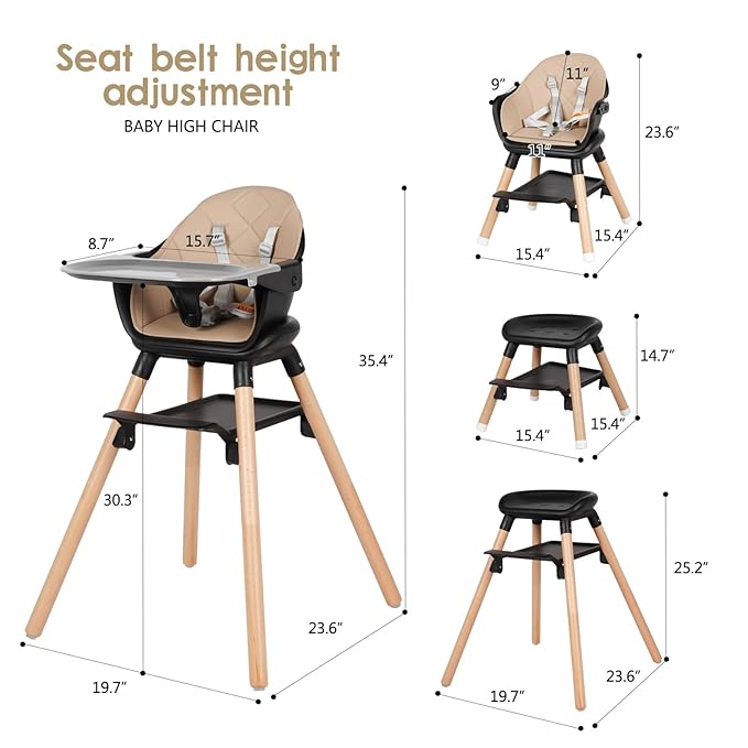 6 in 1 Baby High Chair, Convertible Wooden High Chairs/Booster Seat for Babies and Toddlers, Baby Feeding Chair with 5-Point Harness/Double Removable Tray & Adjustable Footrest (Black)