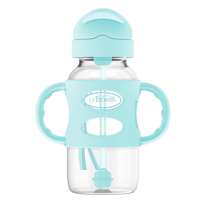 Dr. Brown's Milestones Wide-Neck Sippy Straw Bottle with 100% Silicone Handles and Weighted Straw, 9 oz/270 mL, Green, 6m+