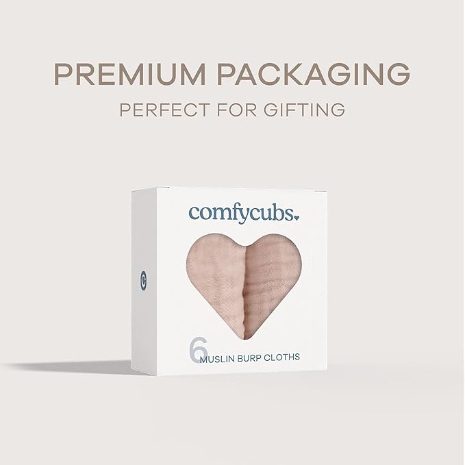 Comfy Cubs Muslin Burp Cloths 20" x 10", Pack of 6 - Large, 6-Layer, Ultra Absorbent 100% Cotton for Baby Drool and Messes - Soft, Safe & Gentle Baby Burp Cloths Set for Boys & Girls - Blush