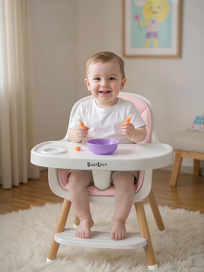 Baby High Chair, Wooden Highchair with Removable Tray, Adjustable Legs, Cushion, 5-Point Harness and Footrest for Infants, Baby, Toddlers, Pink