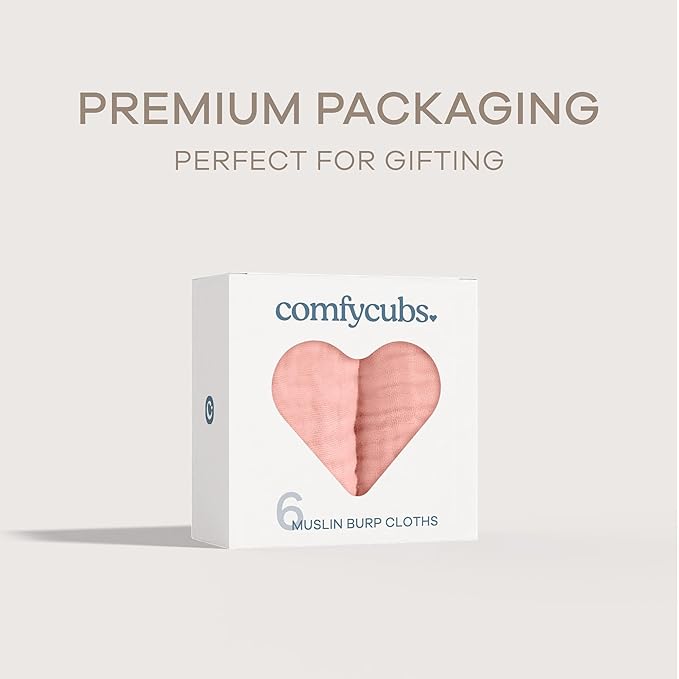 Comfy Cubs Muslin Burp Cloths 20" x 10", Pack of 6 - Large, 6-Layer, Ultra Absorbent 100% Cotton for Baby Drool and Messes - Soft, Safe & Gentle Baby Burp Cloths Set for Boys & Girls - Bold Blush