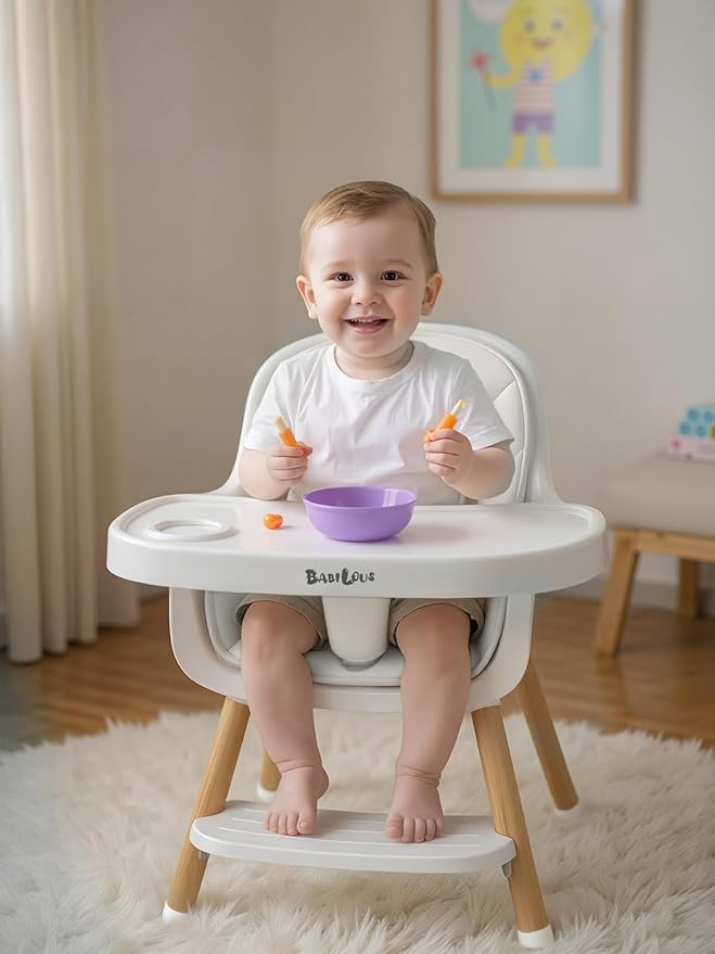 Baby High Chair, Wooden Highchair with Removable Tray, Adjustable Legs, Cushion, 5-Point Harness and Footrest for Infants, Baby, Toddlers, Gray