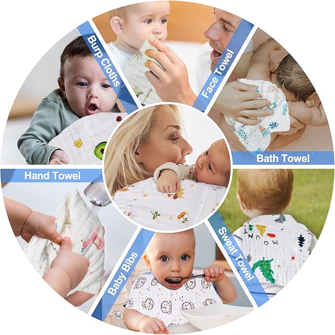 FOOK FISH Muslin Burp Cloths Large 20''x10'' 10 Packs for Baby Spit Up Cloths for Newborn,Absorbent,Soft,Large,6 Layers Baby Burp Rags,Unisex,for Boys and Girls (Animals)