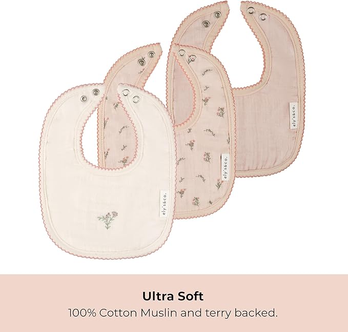 Ely's & Co. 100% Cotton Muslin Bib with Terry lining Soft & Absorbent for Infants, Adjustable Snaps 3 Pack 0-6 Months