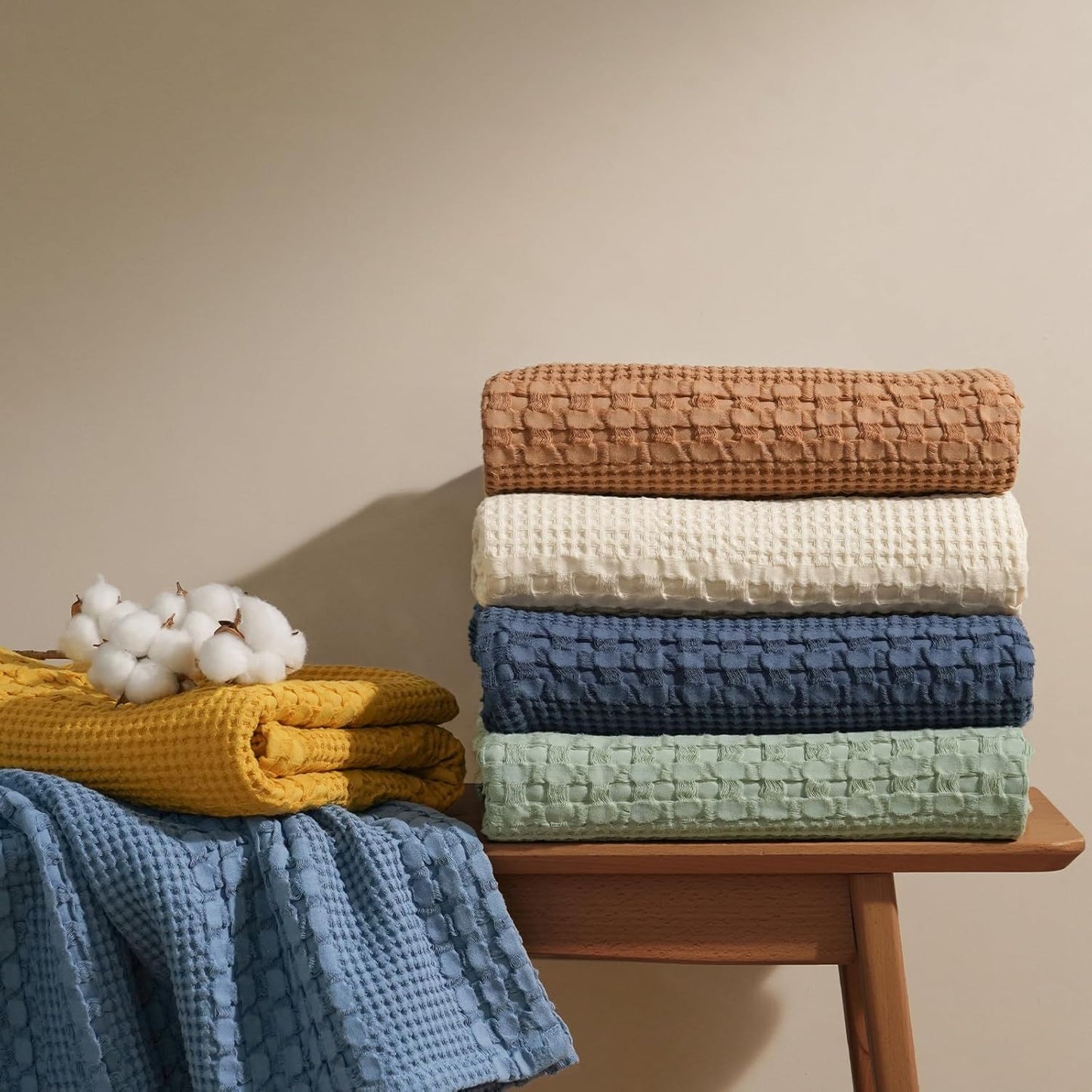 PHF 100% Cotton Waffle Weave Blanket Queen Size, Soft Lightweight Breathable Cozy Summer Blankets for Bed, Luxury Aesthetic Woven Bedding for Home Decor, 90"x90", Undyed