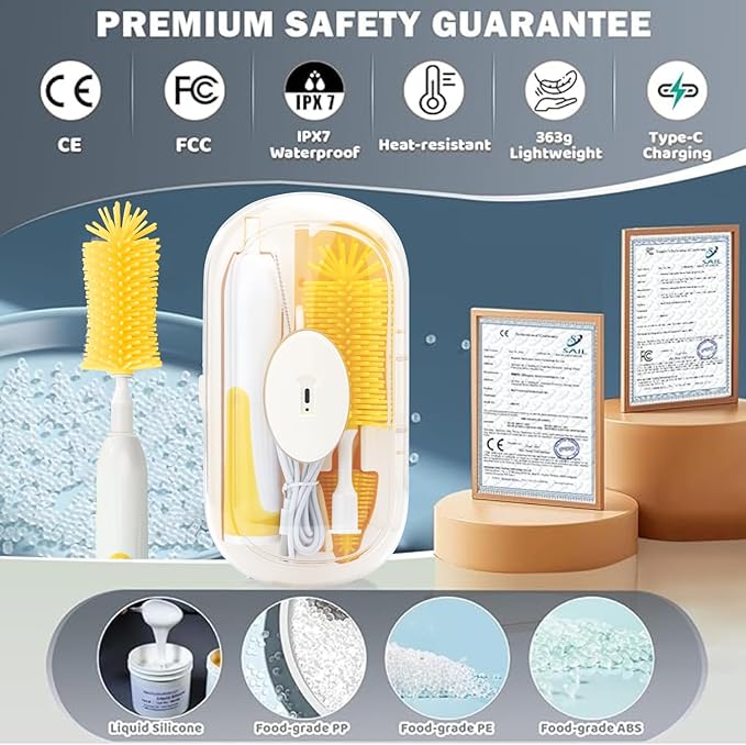 Electric Bottle Brush,Electric Baby Bottle Brush Set with Silicone Bottle/Pacifier/Straw Brush and Mixing Head, Water Bottle Cleaner Brush with Drying Rack, 2 Modes & 360° Rotation (Yellow)