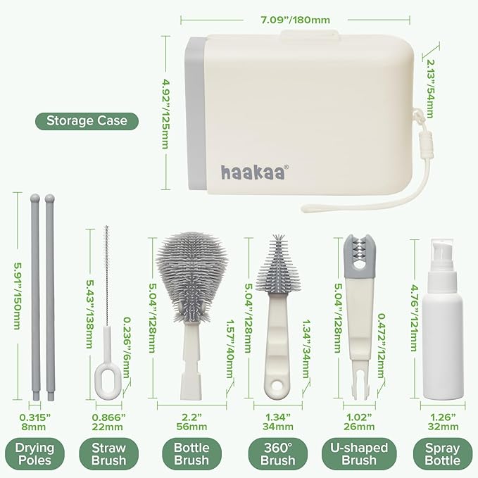 haakaa Travel Bottle Brush Set β 7-in-1 Baby Bottle Cleaner Kit with Bottle Brush, 360Β° Brush, Straw Brush, U-Shaped Brush, Spray Bottle&Drying Rack for Home and Travel