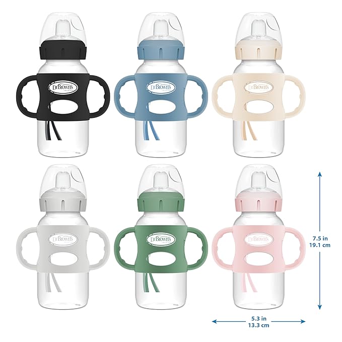 Dr. Brown's Milestones Wide-Neck Sippy Spout Bottle with 100% Silicone Handles, Easy-Grip Handles with Soft Sippy Spout, 9oz/270mL, Gray, 1-Pack, 6m+