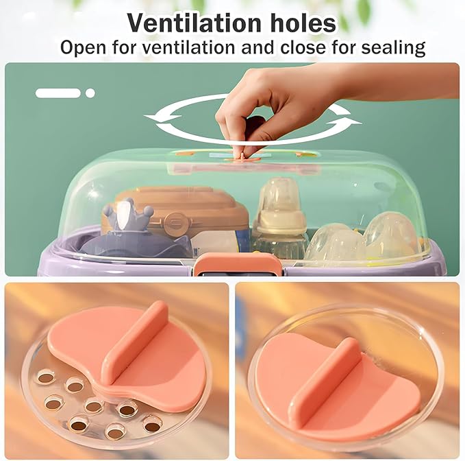 Baby Bottle Organizer for Storage, Large Capacity Baby Bottle Storage with Lid Cover Anti-Dust Protection and Cutlery Storage Drying Rack Bottle Organizer(Light Blue)