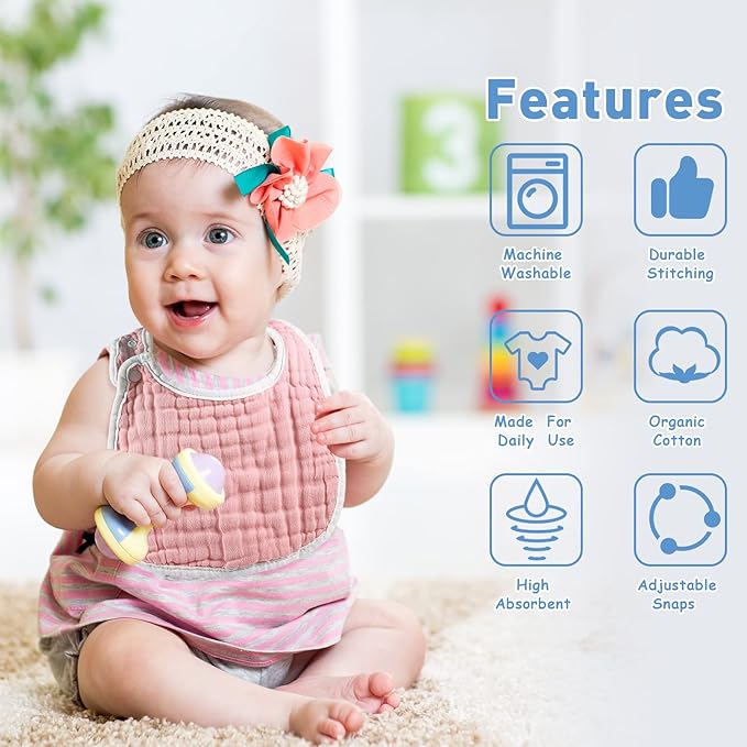 Yahenda 24 Pcs Muslin Baby Bibs Bandana Drool Bibs for Unisex Boys Girls Soft Cotton Drooling 8 Absorbent Layer,adjustable with Easy Snaps for Teething Baby Girl, Boy, Newborn Infant