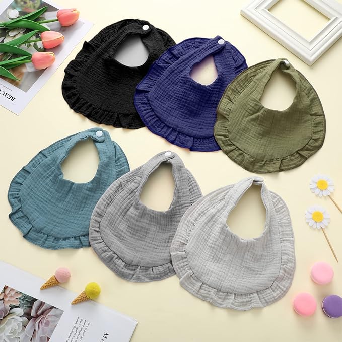 Seematn 10 Pcs Baby Muslin Bibs Drool Bibs Bandana Ruffle Soft Cotton for Newborn Baby Infants Girl Teething Toddlers Boy(Cool Colors)