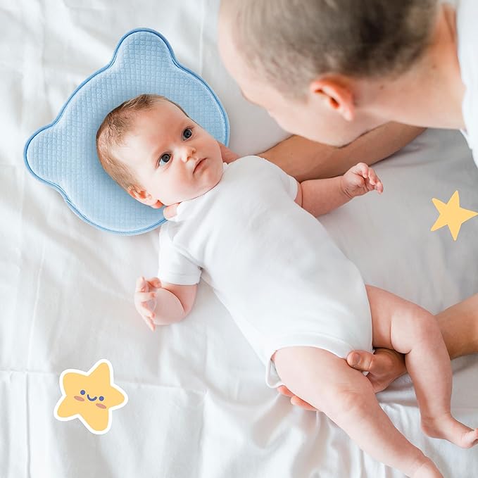 Soft and Breathable Baby Pillow with Memory Foam and Bear Design (Blue)