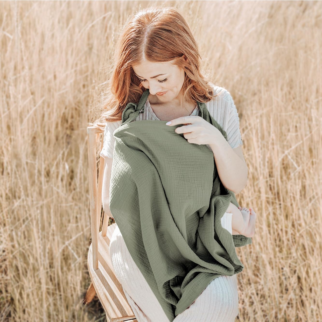 Konssy Muslin Nursing Cover for Baby Breastfeeding, Breathable 100% Cotton Breastfeeding Cover with Rigid Hoop for Mother Nursing Apron, Multi-use Carseat Canopy (Fog Green)
