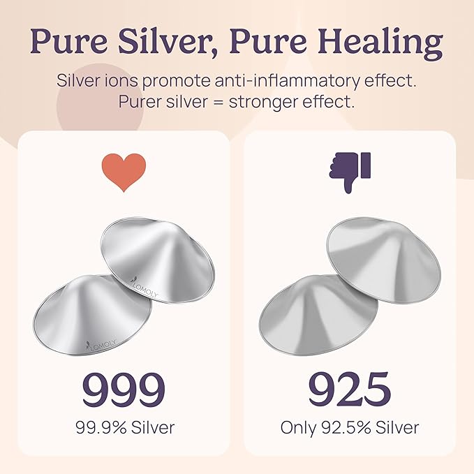 Silver Nipple Covers Breastfeeding: Pure 999 Silver Nipple Shield | Silver Nursing Cups w/Breast Shields, Hands-Free Breast Pump (Silver, XL - 2.1x0.7)