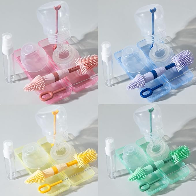 Travel Bottle Brush, 6-in-1 Portable Travel Bottle Cleaner Kit with Small Bottle Brush Built in Drying Rack, Nipple Brush, Straw Brush, Soap Dispenser, for Baby Bottles Under 8 OZ, BPA-Free(Pink)