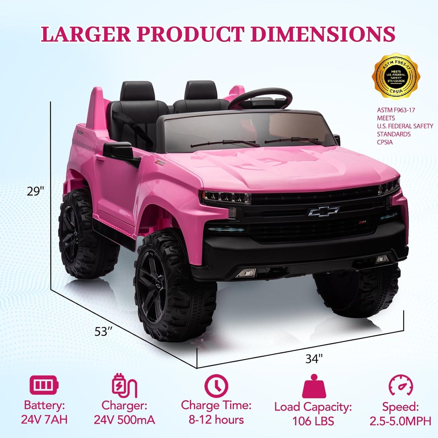 Hetoy 24V 2-Seater Truck Licensed Chevrolet Silverado Ride On Car Toy w/Parent Remote Control,4xSpring Suspension, 3 Speeds, Wireless Music, MP3 Player, Electric Vehicle Car for Kids, Pink