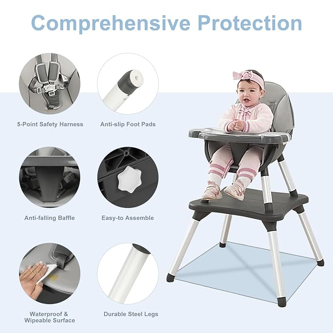 6 in 1 Baby High Chair, Convertible Highchair for Babies and Toddlers, Building Block Table Highchair with 5-Point Safety Harness/Removable Tray, Infant Feeding Table and Chair Set, Grey