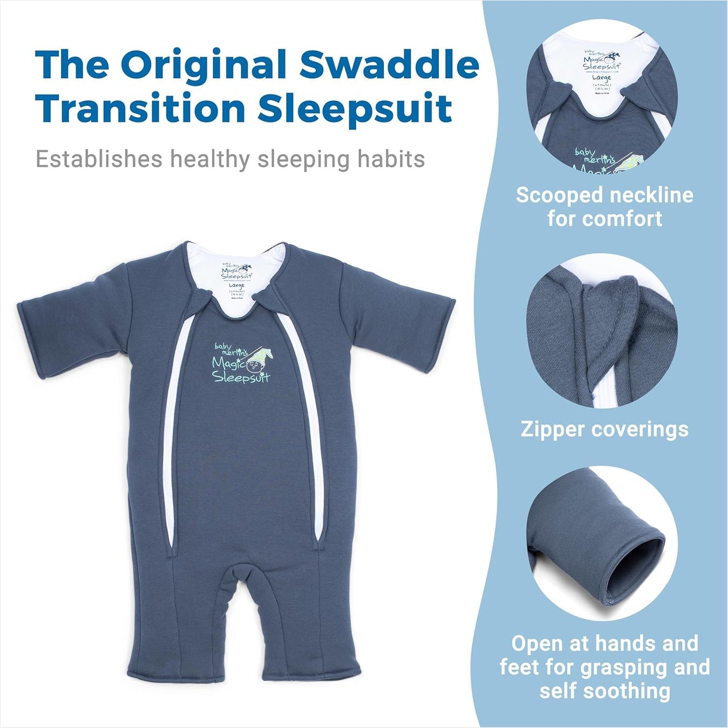 Magic Sleepsuit Baby Merlin's Cotton Baby Swaddle Transition Product - Soft and Cozy Design, Double Zipper for Easy Diaper Changes, Promotes Safe Sleep, 3-6 Months - Navy Blue - Small 12-18lbs