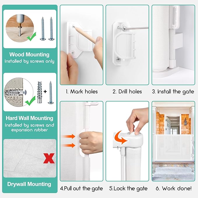 Upgrade 180 inch Retractable Baby Gates, EZIGO Extra Wide Baby Gate for Large Opening Extra Long Mesh Gate for Kids or Pet Dog Gate Child Safety Gate for Stairs Hallways Doorway Indoor Outdoor, White