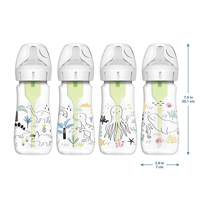 Dr. Brown's Natural Flow® Anti-Colic Options+™ Wide-Neck Baby Bottle Designer Edition Bottles, Dino Decos, 9oz/270mL, Level 1 Nipple, 2-Pack, 0m+