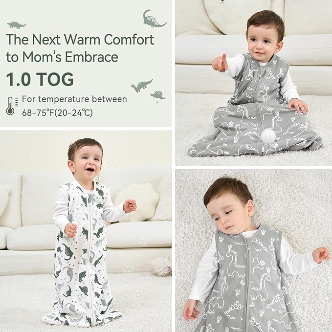 Baby Sleep Sack 12-18 Months 1.0 Tog Baby Wearable Blanket 100% Cotton Sleeping Sack with 2-Way Zipper for Toddler Infant Gray White Dinosaur