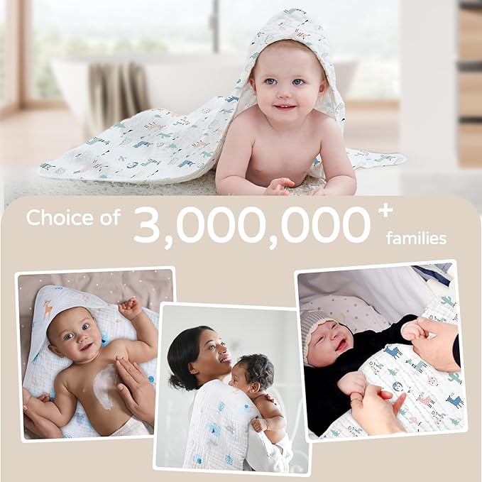 Yoofoss Hooded Baby Towels for Newborn 2 Pack 100% Muslin Organic Cotton Baby Bath Towel with Hood for Babies, Infant, Toddler and Kids, 32x32Inch, Soft and Absorbent Newborn Essential,Alpaca&Elephant
