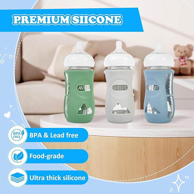 3 Pack Silicone Sleeves for Philips Avent Natural Glass Baby Bottles, Anti Breakage Baby Bottle Holder for Baby Boys, Compatible with Philips Avent Glass Natural Baby Bottle, 8oz