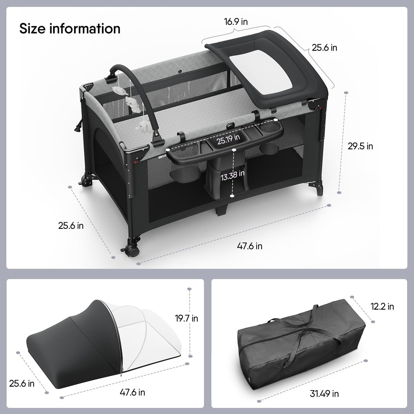 4 in 1 Baby Bassinet, Pack and Play, Bedside Crib Sleeper, Diaper Changer - Comes with Mattress, Mosquito Net,Bottom Storage and Toy Bar for Newborn to Toddles