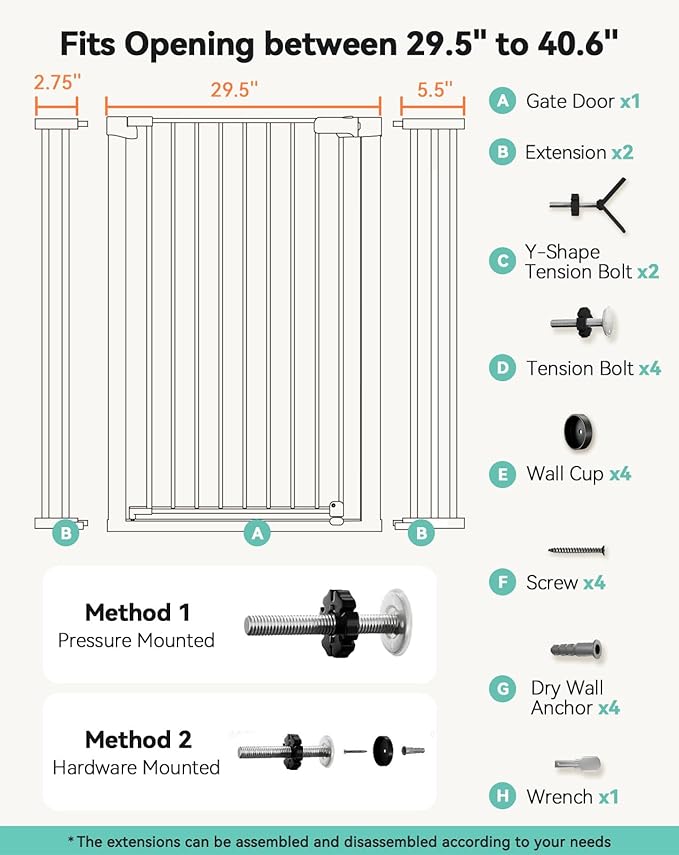 COMOMY 42" Extra Tall Baby Gate for Stairs Doorways, Fits Openings 29.5" to 40.6" Wide, Auto Close Sturdy Safety Dog Gate for House, Pressure Mounted Easy Walk Through Pet Gate with Door, Black